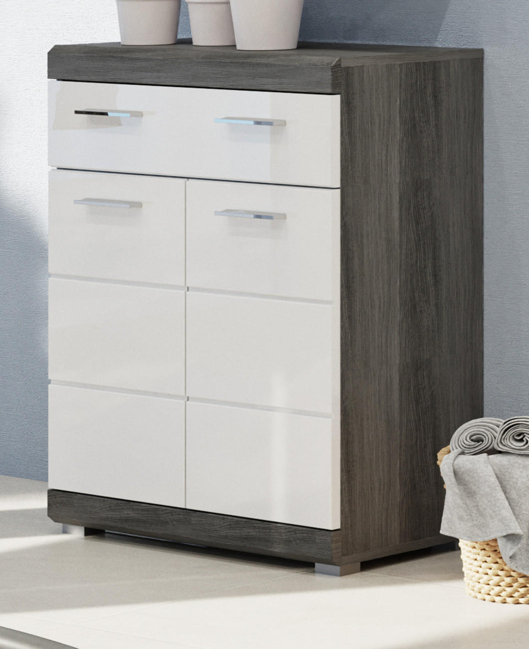 MIDISCHRANK weiß Hochglanz, grau 74 cm, Badkommode mit Schublade - Weiß Hochglanz/Silberfarben, Holzwerkstoff/Kunststoff (74/88/31cm) - Inn.Furn