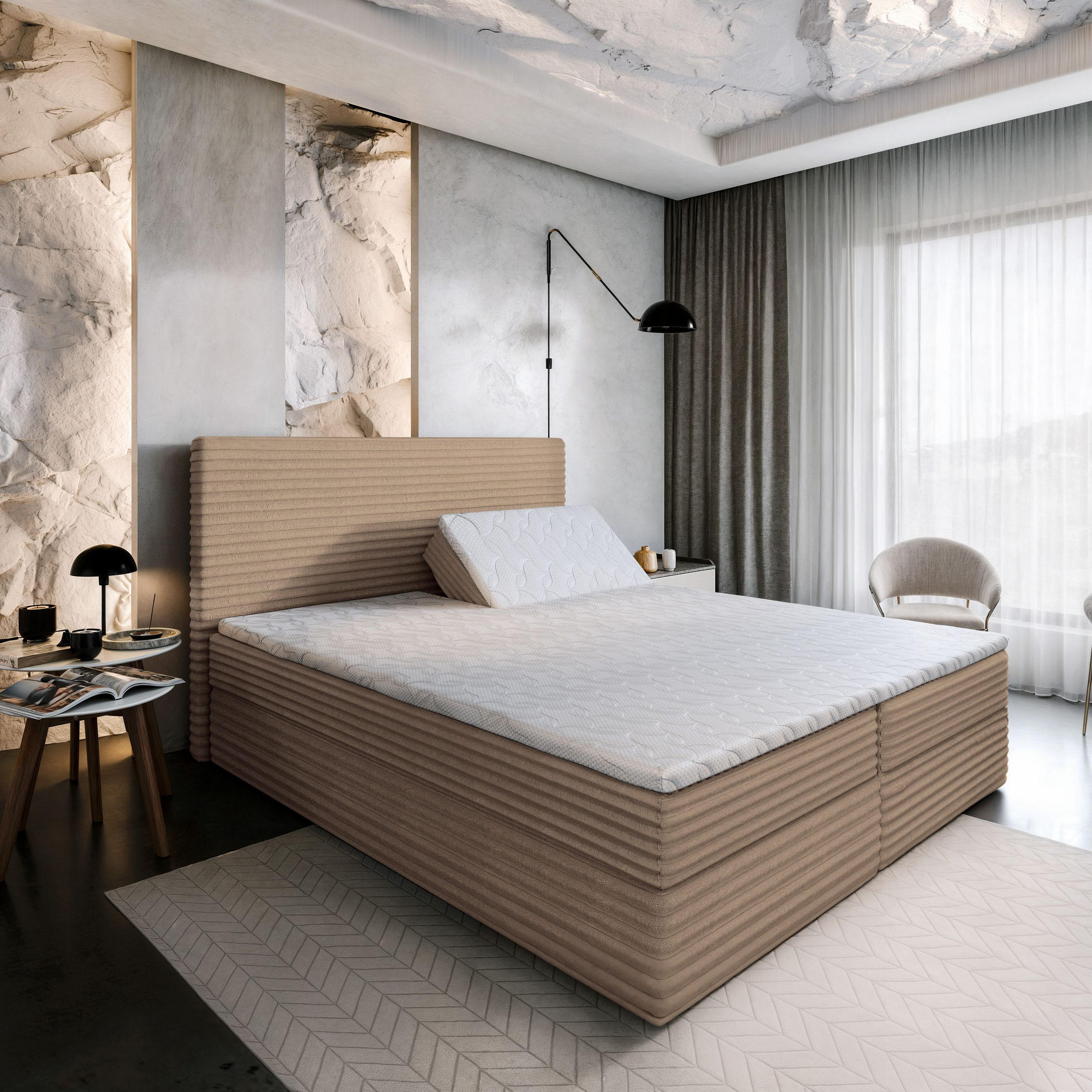 BOXBETT MILARA 180x200 cm mit Matratze und Topper - Beige - Beige, Holz (180/200cm) - MASSENO