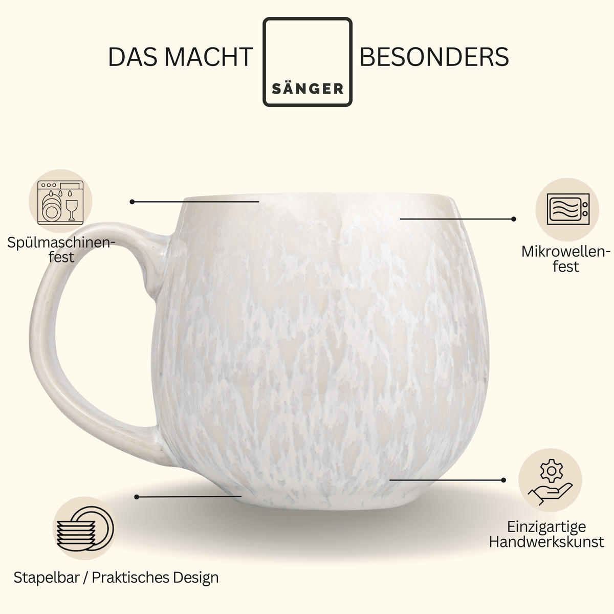 SÄNGER Kaffeebecher Set Korfu 4 teilig - Creme, Stein (6/7.5/6cm) - Sänger