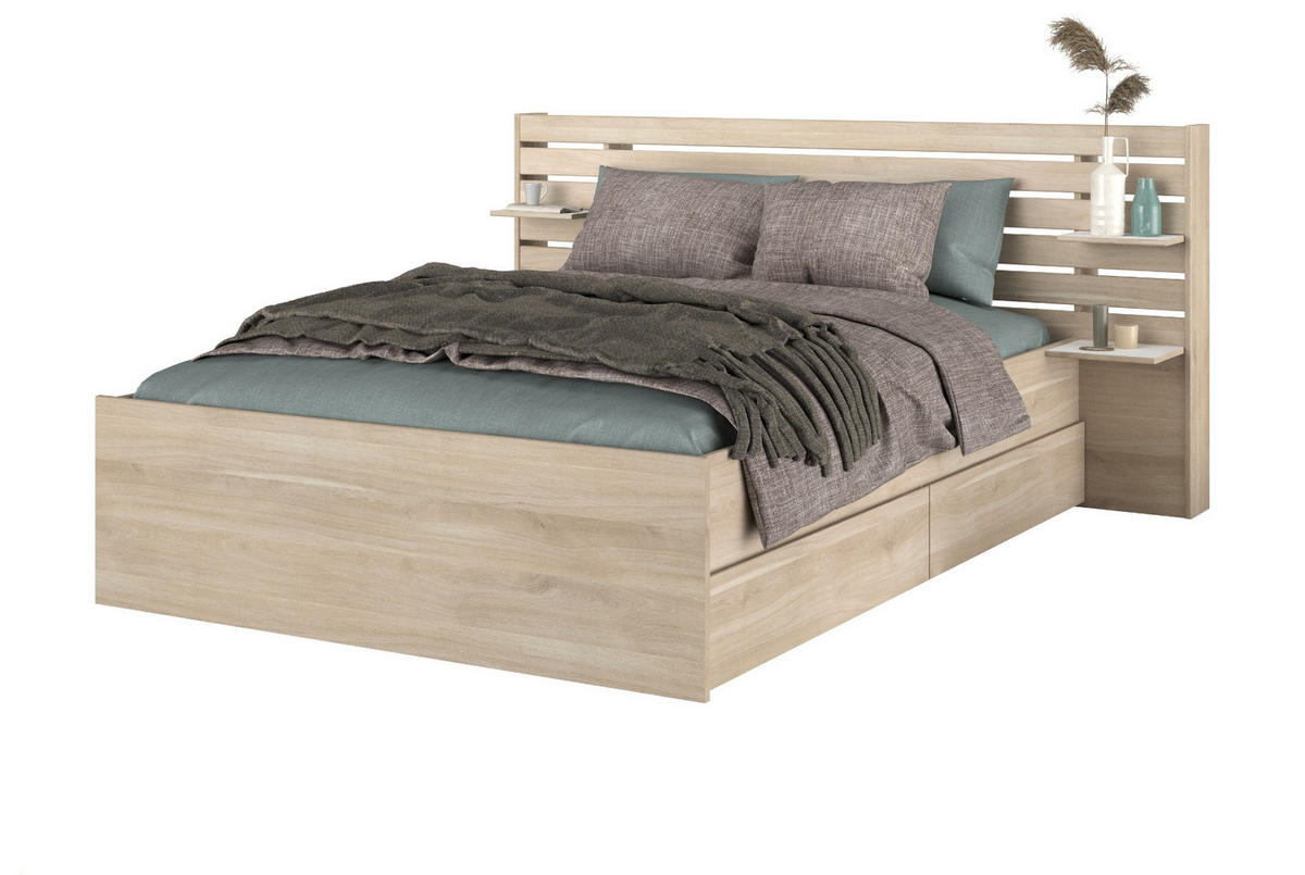 STAURAUMBETT Bett 140x200 cm mit 2 x Bettschubkasten und Ablage - Eichefarben, Holz/Holzwerkstoff (200/140cm) - Parisot Meuble