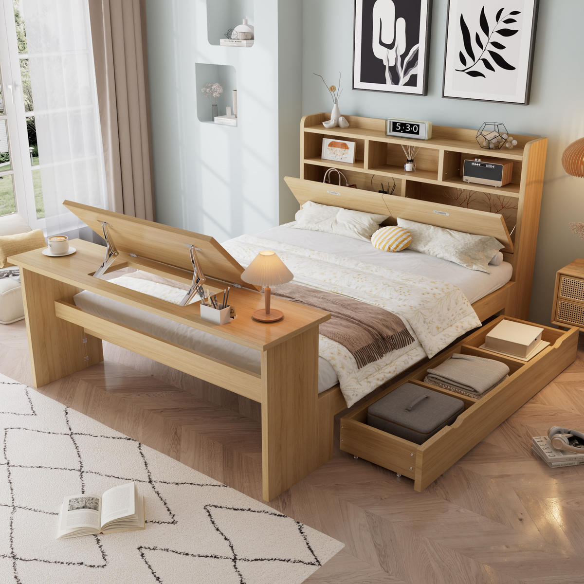 BETT mit Stauraum 140x200 cm Holz Natural 4-tlg. - Naturfarben, Holz (140/200cm) - Meubliv