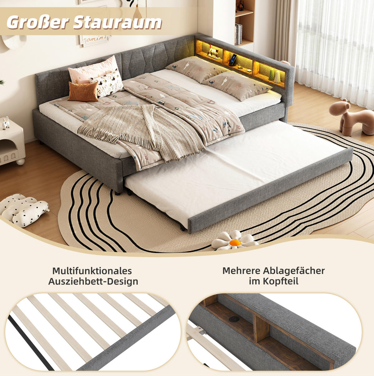 POLSTERBETT 140/200 cm grau aus Leinen mit Ausziehbett und USB - Grau, Textil (140/200cm) - OKWISH