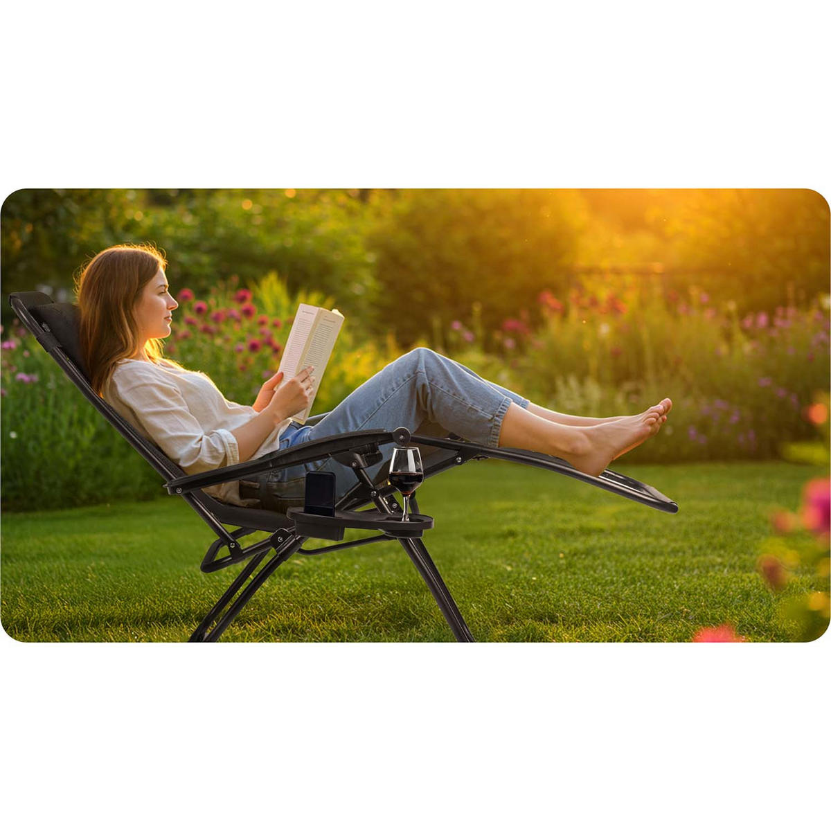 GARTEN-RELAXSESSEL Klappbarer mit Kissen, Schwarz - Schwarz, Metall (60/102/110cm)