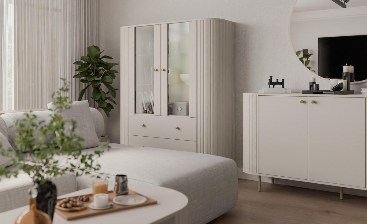 COUCHTISCH Halay Beige, Moderne Rillenstruktur 100 cm, mit runden Kanten - Beige/Goldfarben, Holzwerkstoff/Metall (45/100/52cm) - AX Living