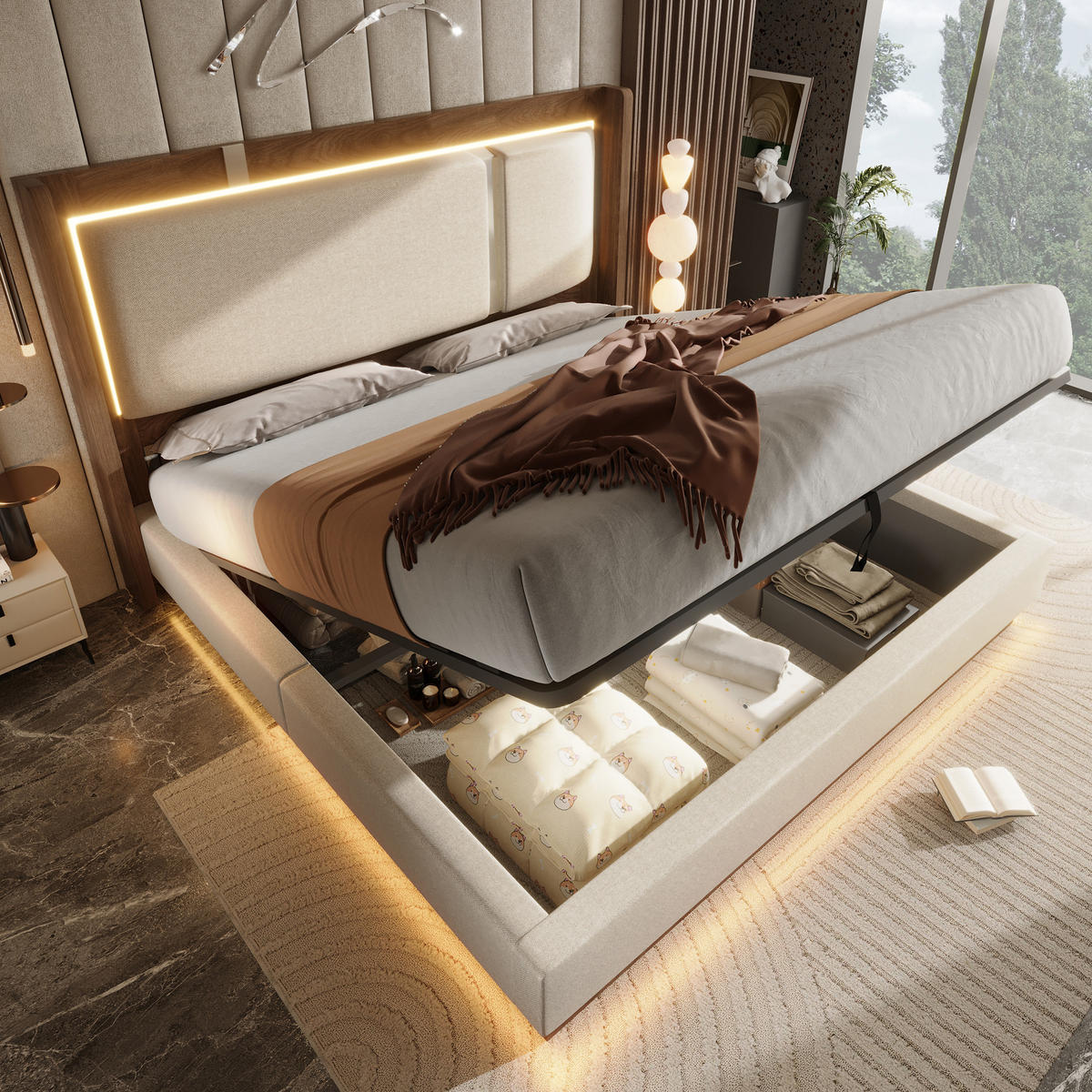 POLSTERBETT 140/200 cm in Beige mit LED und Bettkasten - Beige, Holzwerkstoff/Textil (140/200cm) - WISHDOR
