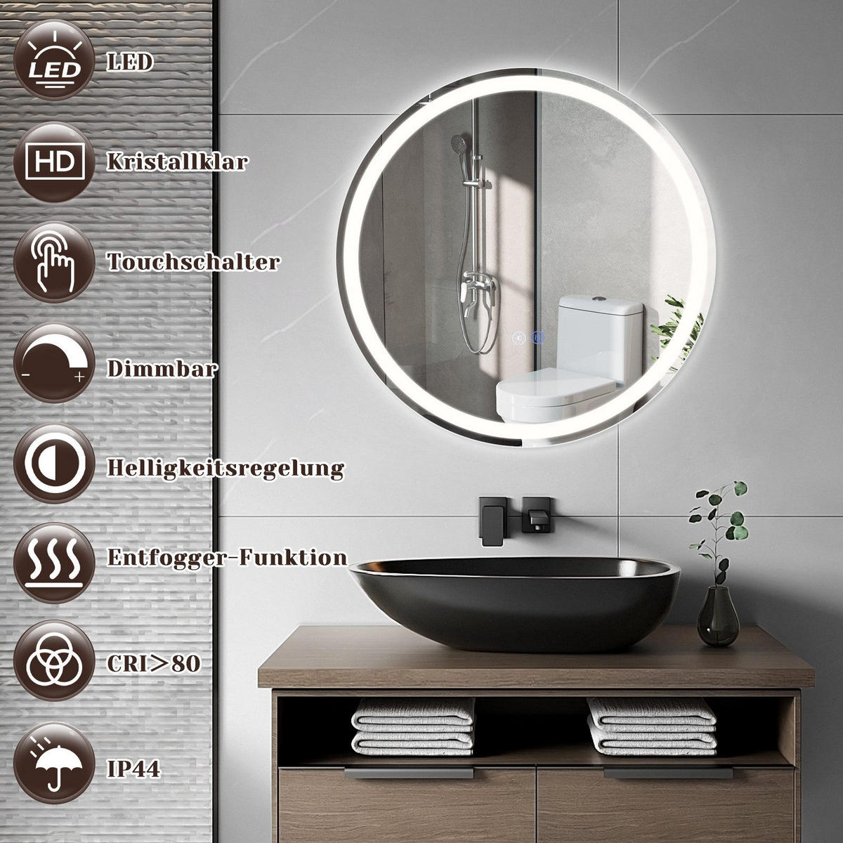 BADEZIMMERSPIEGEL Mainz mit LED-Leuchte Ø50 cm - Weiß, Glas (50/3/50cm) - Nettlife