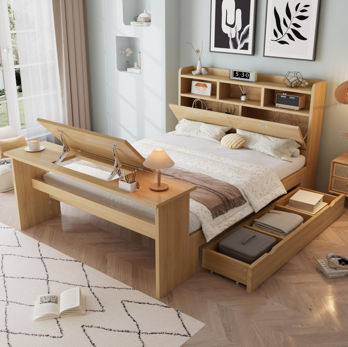 JUGENDBETT 140x200 cm in Natur mit Stauraum, Klapptisch und Kopfteilregal - Naturfarben, Holz (140/200cm) - IVMEU