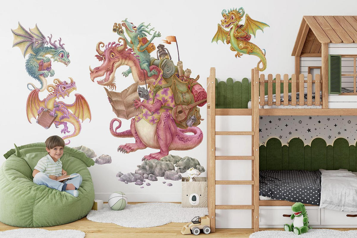 WANDAUFKLEBER 100x134cm - Drachen-Märchenfamilie - Multicolor, Kunststoff (100/134/0.1cm) - Wallfluent