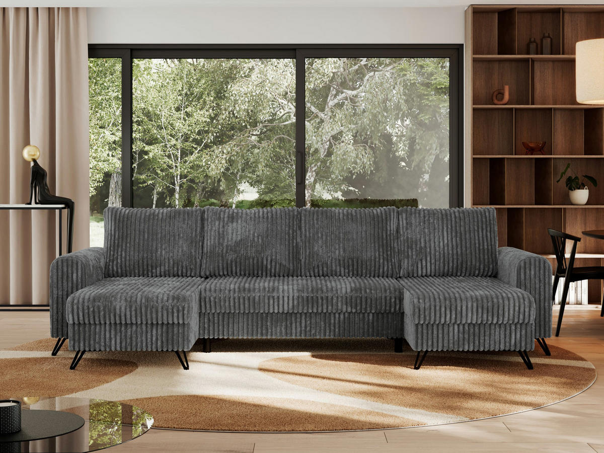 WOHNLANDSCHAFT AXEL U Cord Dunkelgrau - Schwarz/Grau, Textil/Metall (312/90/140cm) - MKS