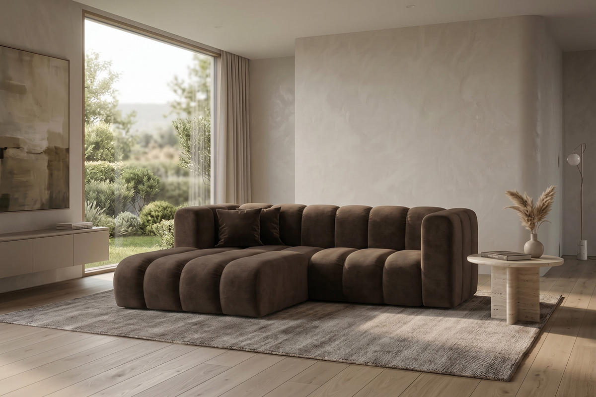 ECKSOFA Modulares In L-Form, Velvet-Stoff Riviera, Schokolade, Links, GRAND - Braun, Holz (227/179cm) - Kaiser Möbel