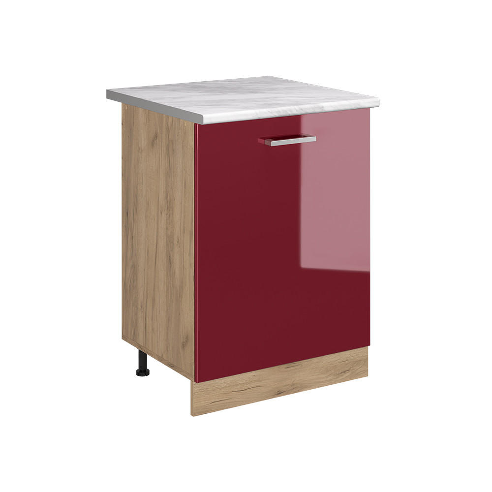 KÜCHENUNTERSCHRANK R-Line, Rot Hochglanz/Goldkraft Eiche, 60 cm mit 1 Tür Arbeitsplatte Marmor - Eichefarben/Rot, Holzwerkstoff (60/81.6/60cm) - Vicco