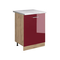 KÜCHENUNTERSCHRANK R-Line, Rot Hochglanz/Goldkraft Eiche, 60 cm mit 1 Tür Arbeitsplatte Marmor - Eichefarben/Rot, Holzwerkstoff (60/81.6/60cm) - Vicco