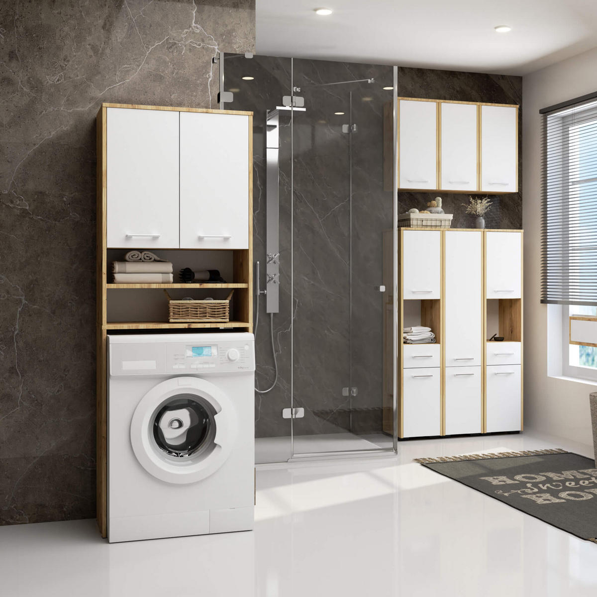 WASCHMASCHINENUMBAUSCHRANK mit zwei Türen, 64 × 30 × 190 cm Aristan Eiche, Weiß 64\180\30 cm - Silberfarben/Eiche Artisan, Holzwerkstoff/Metall (64/180/30cm) - RAUMHIRSCH FURNITURE