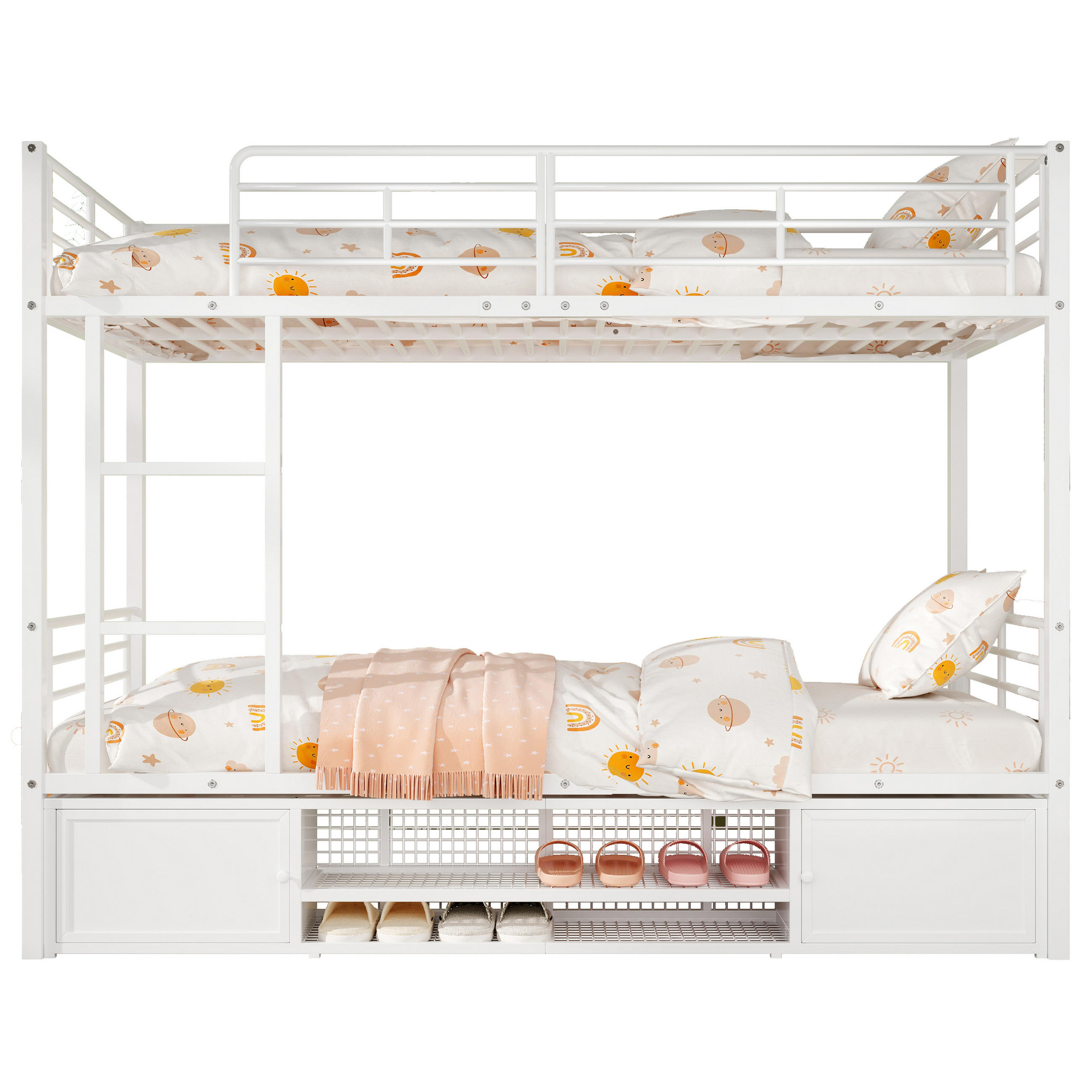 ETAGENBETT 90/200 cm Weiß Metall mit Schuhschrank und seitlicher Leiter - Weiß, Metall (90/200cm) - OKWISH