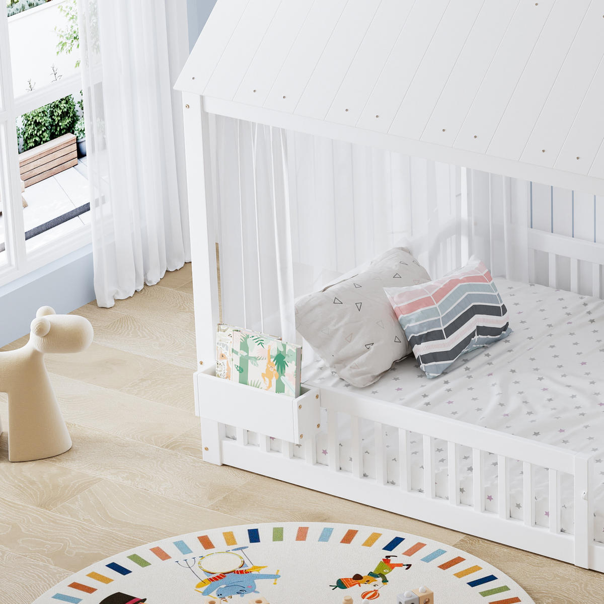 HAUSBETT 140/200 cm in Weiß Kinderbett mit Stauraumfach und Fensterdetails - Weiß, Holzwerkstoff (140/200cm) - STILVORA