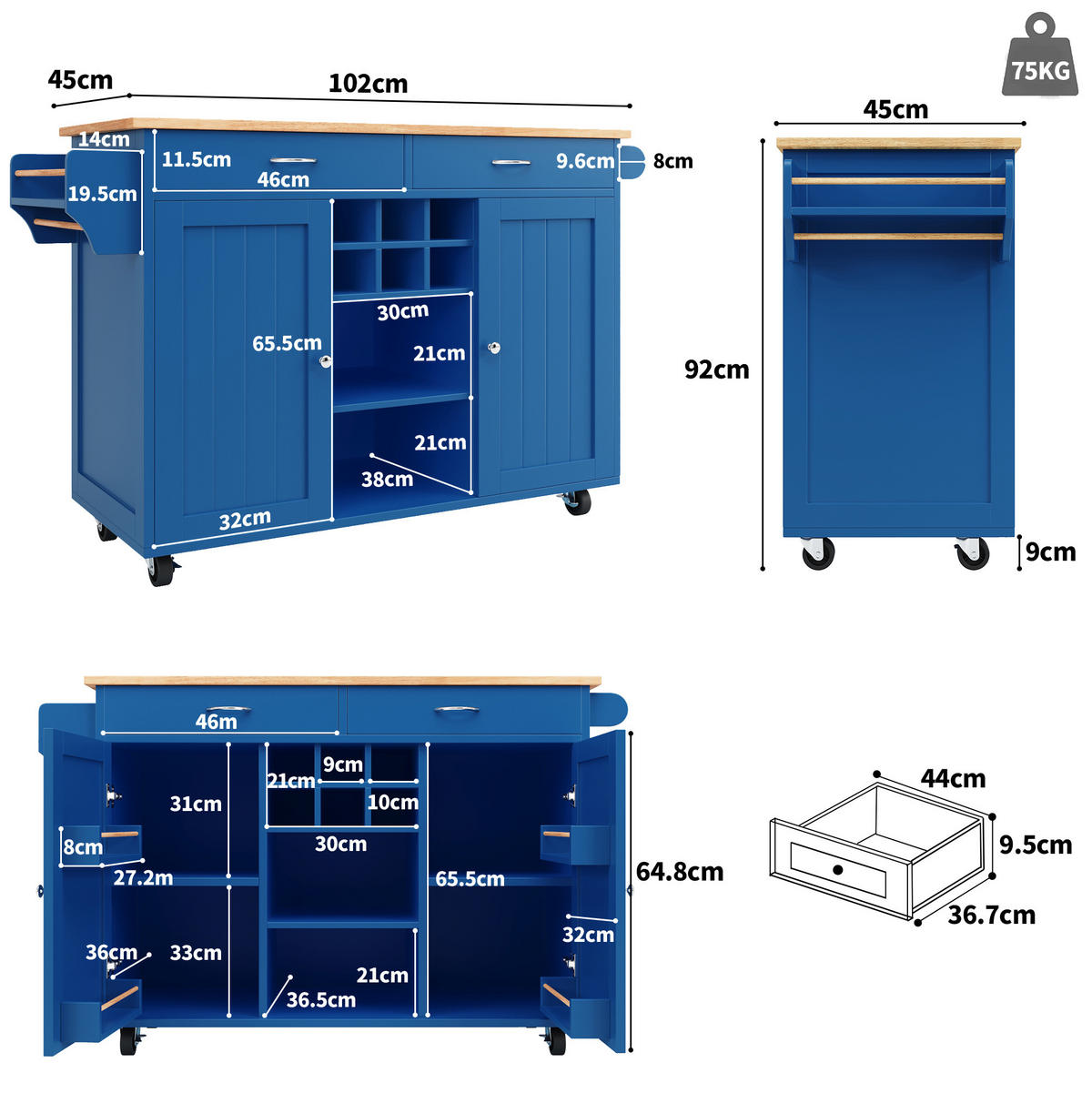 KÜCHENINSEL aus MDF und Metall 102x45x92 cm Blau mit Rollen, Weinregal und verstellbarem Stauraum - Blau, Holzwerkstoff (102/92/45cm) - Modfu