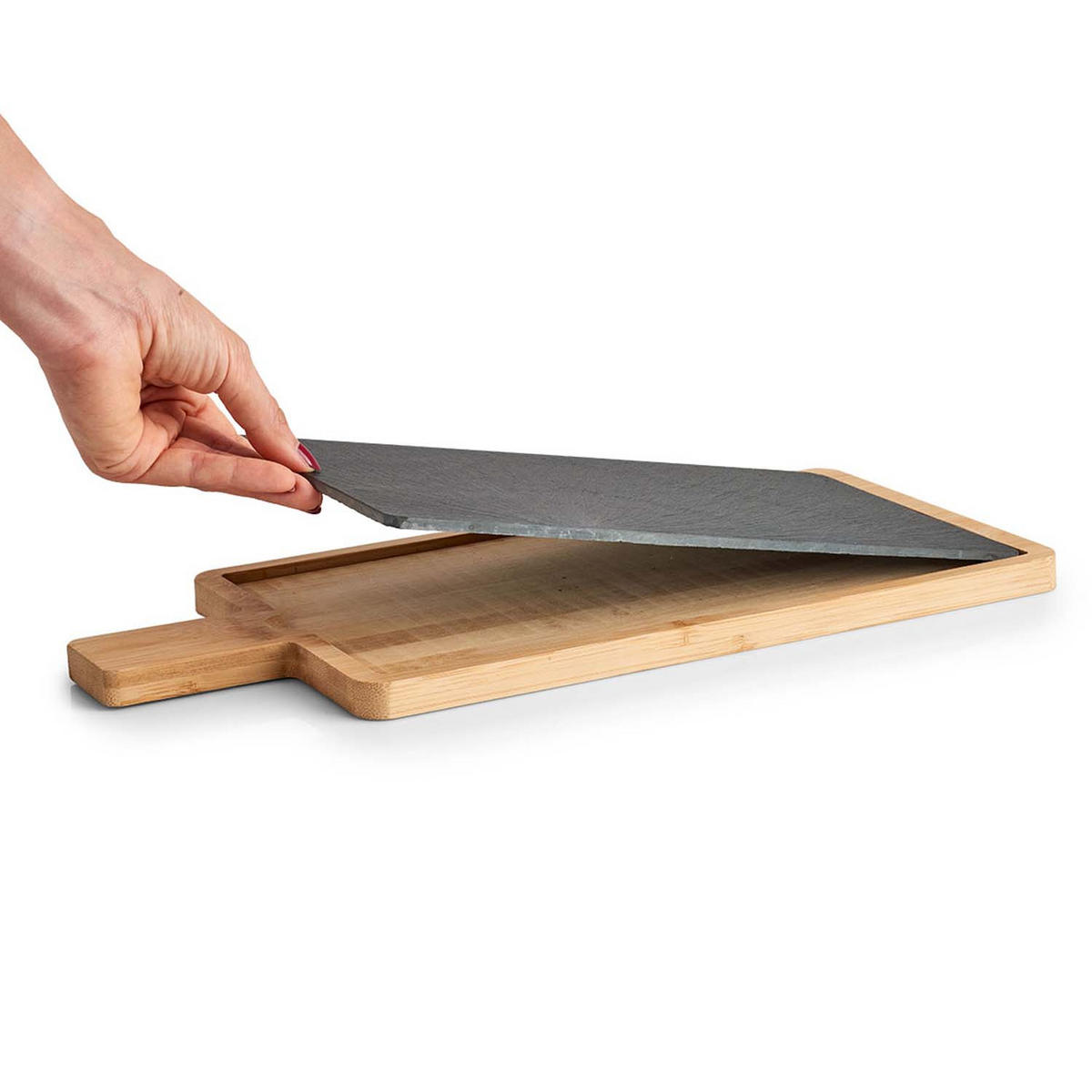 SERVIERPLATTEN, 6 Stück, Schiefer mit Bambusbrett - 40 x 19cm - Schwarz, Stein (19/1.5/40cm) - Zeller Present