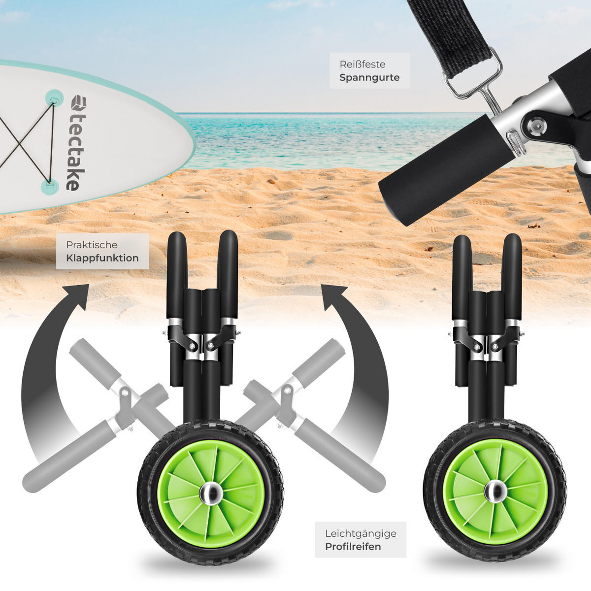 SURFBOARD TRANSPORTWAGEN Wavewheel,inkl. 2 Sicherungsgurte, 42 x 70 x 48,5 cm,schwarz/grün - Schwarz/Grün, Metall (42/70cm) - tectake