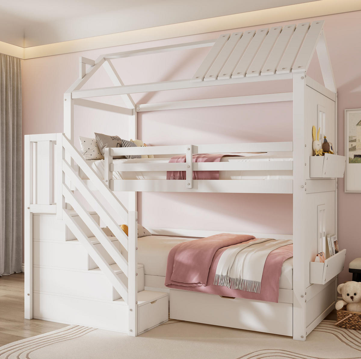 ETAGENBETT 90/200 cm mit Stauraumtreppe, Schubladen und Regalen, aus Kiefer/MDF, Weiß - Weiß, Holz (90/200cm) - Redom