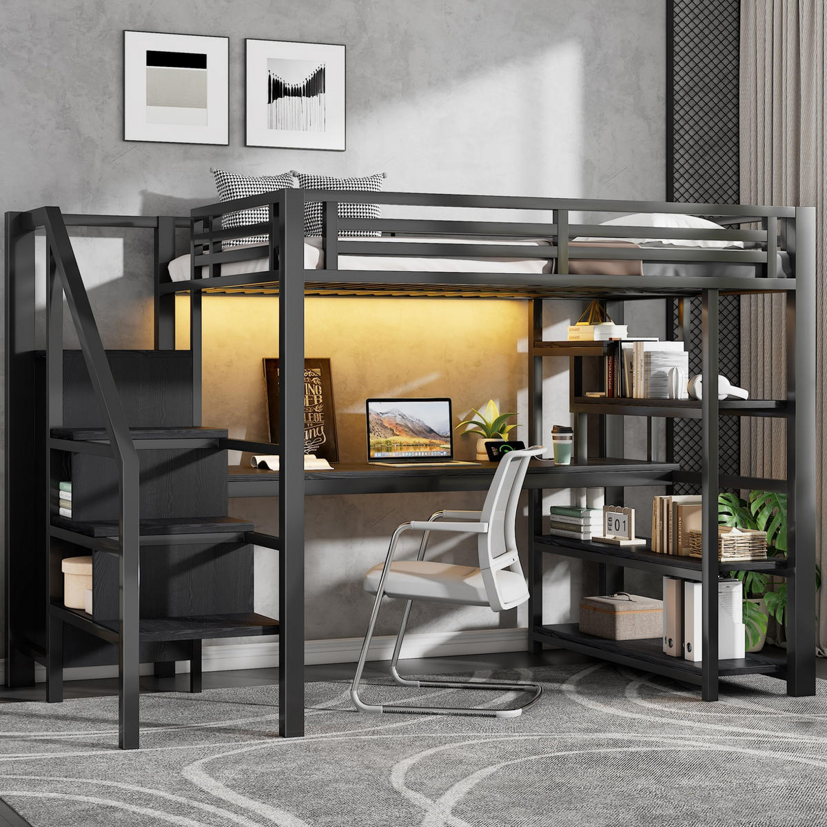 HOCHBETT aus Metall und MDF 140x200 cm Schwarz mit Treppe, Schreibtisch, Kleiderschrank, LED und USB-Ladestation - Schwarz, Holzwerkstoff (90/200cm) - Modfu