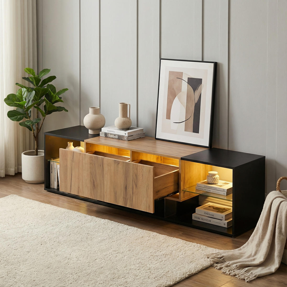 TV-SCHRANK in Schwarz & Natur mit LED - Eichefarben, Holzwerkstoff (160/42/40cm) - Urban Meuble