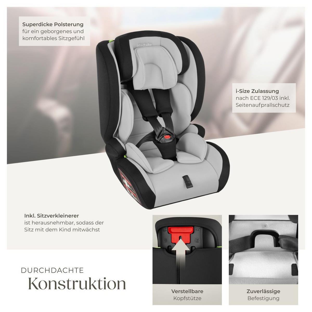 AUTOSITZ Sophie,von 76 bis 150 cm, Belastbarkeit 36 kg,hellgrau/schwarz - Hellgrau/Schwarz, Kunststoff (47/80.5/47cm) - tectake