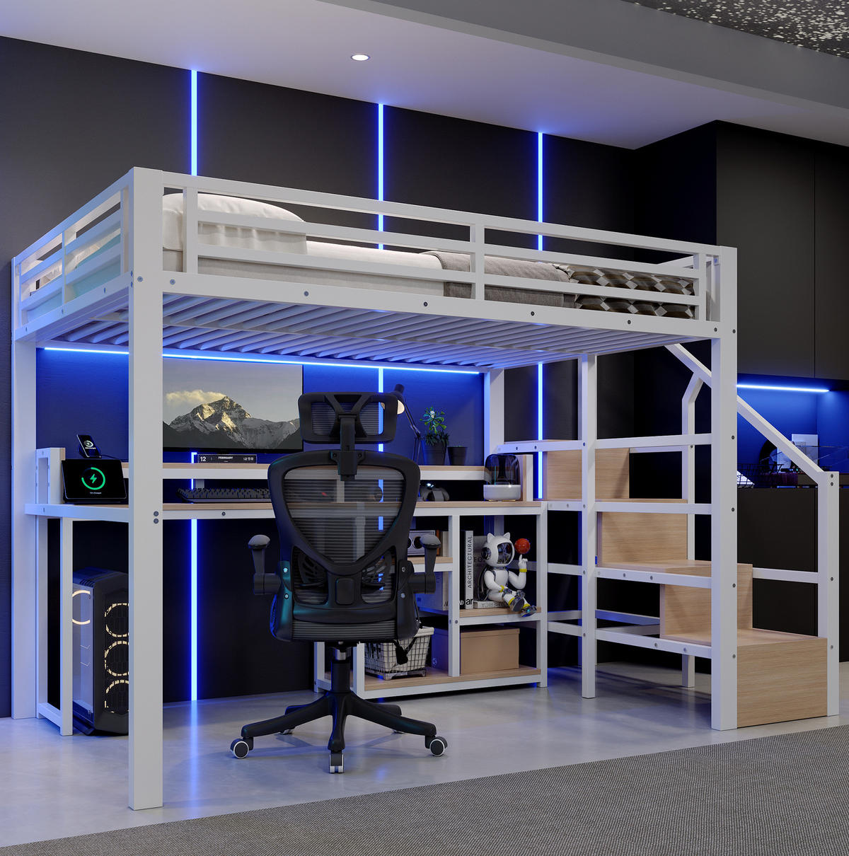 HOCHBETT MDF Metall 140x200 cm Weiß mit Leiterschrank, USB + Typ-C und LED-Lichtleiste - Weiß, Holzwerkstoff (140/200cm) - Modfu