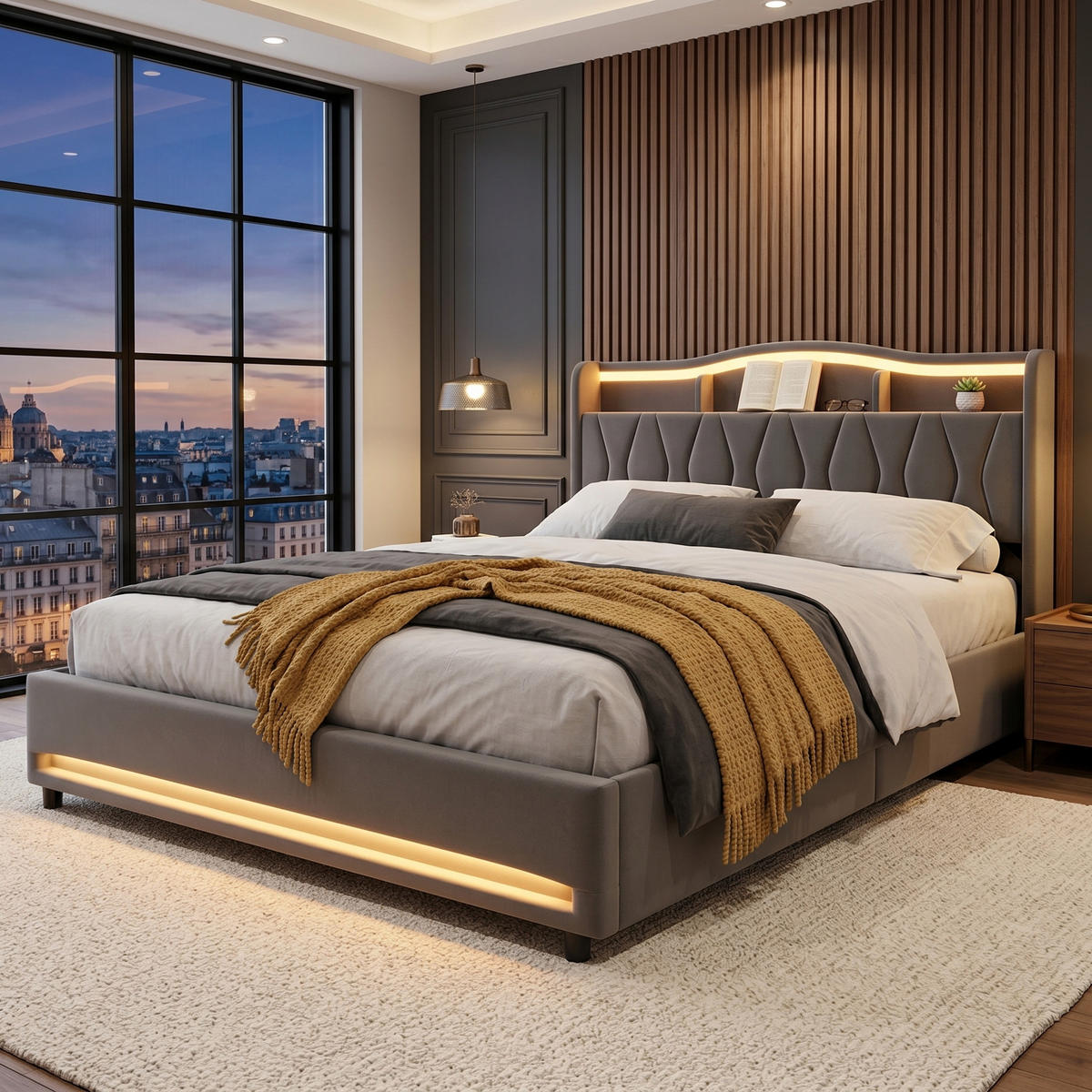POLSTERBETT Geometrisch 140/200 cm mit 4 Schubladen & App-LED Samtoptik Grau - Grau, Textil (140/200cm) - Creahappy