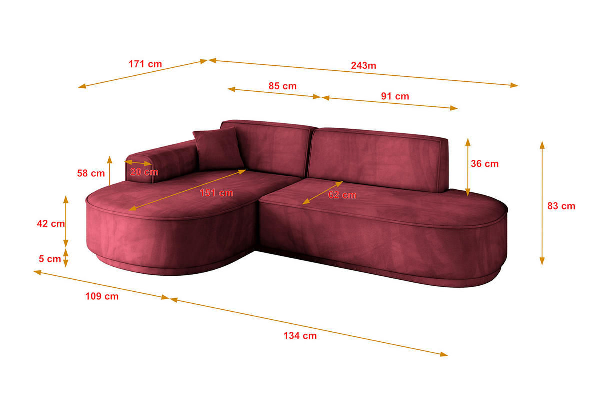 ECKSOFA Ottomane Links MARI-L1-v3 - 243x171x83 cm Bordeaux Velours - Bordeaux/Schwarz, Holzwerkstoff/Kunststoff (243/171cm) - ALTDECOR