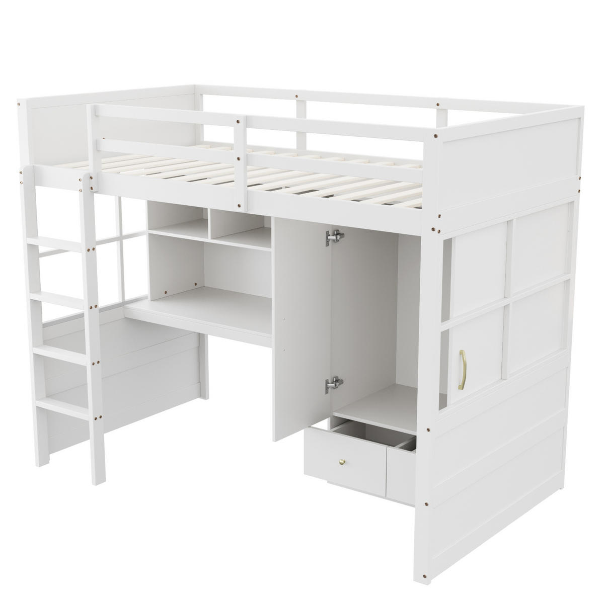 HOCHBETT 90/200 cm aus Holz mit Schreibtisch, Kleiderschrank und Schubladen Weiß - Weiß, Holzwerkstoff (90/200cm) - Modenvie