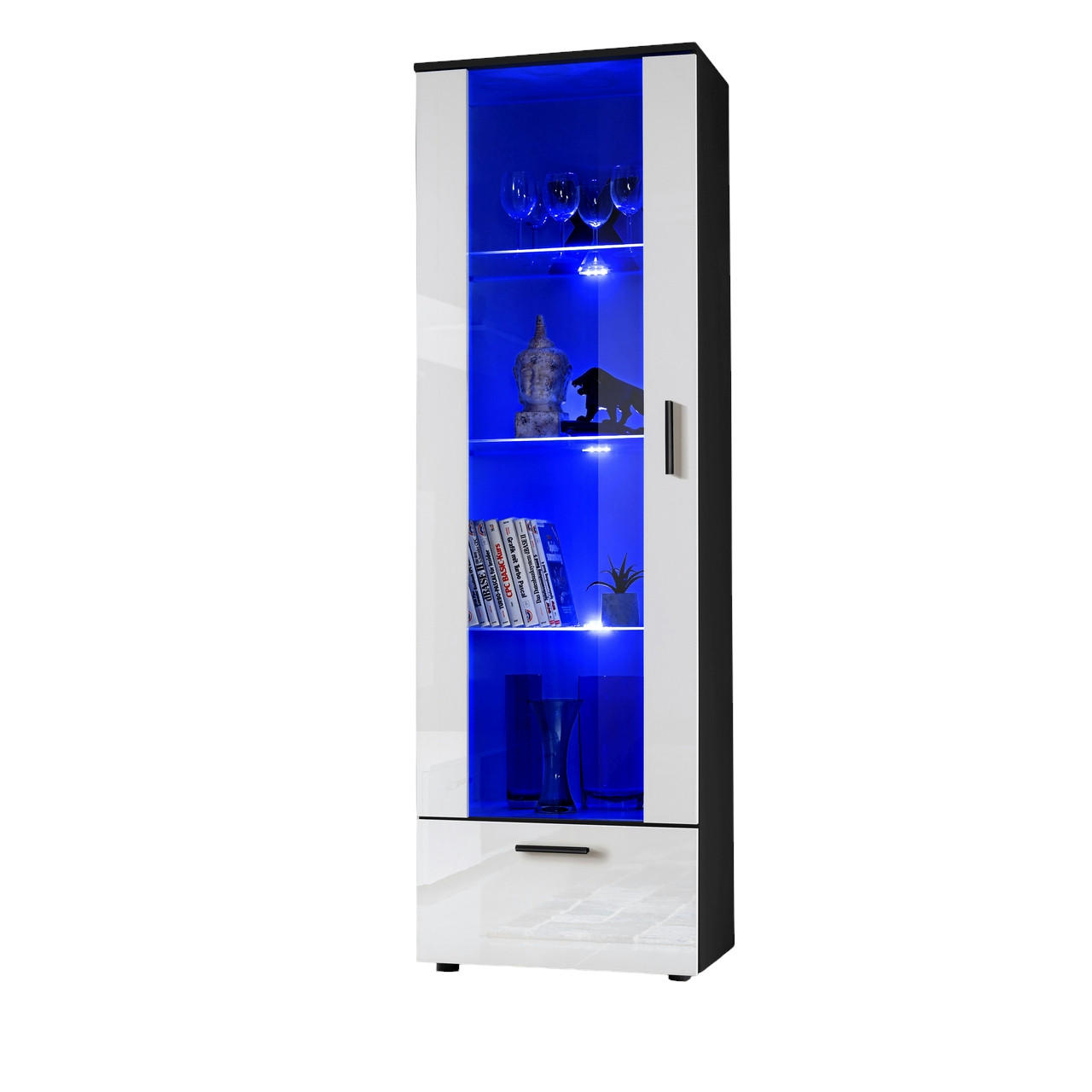 VITRINE ALESSANDRIA, Weiss, LED Blau - Schwarz/Weiß, Glas/Holzwerkstoff (60/192/42cm) - Komodee