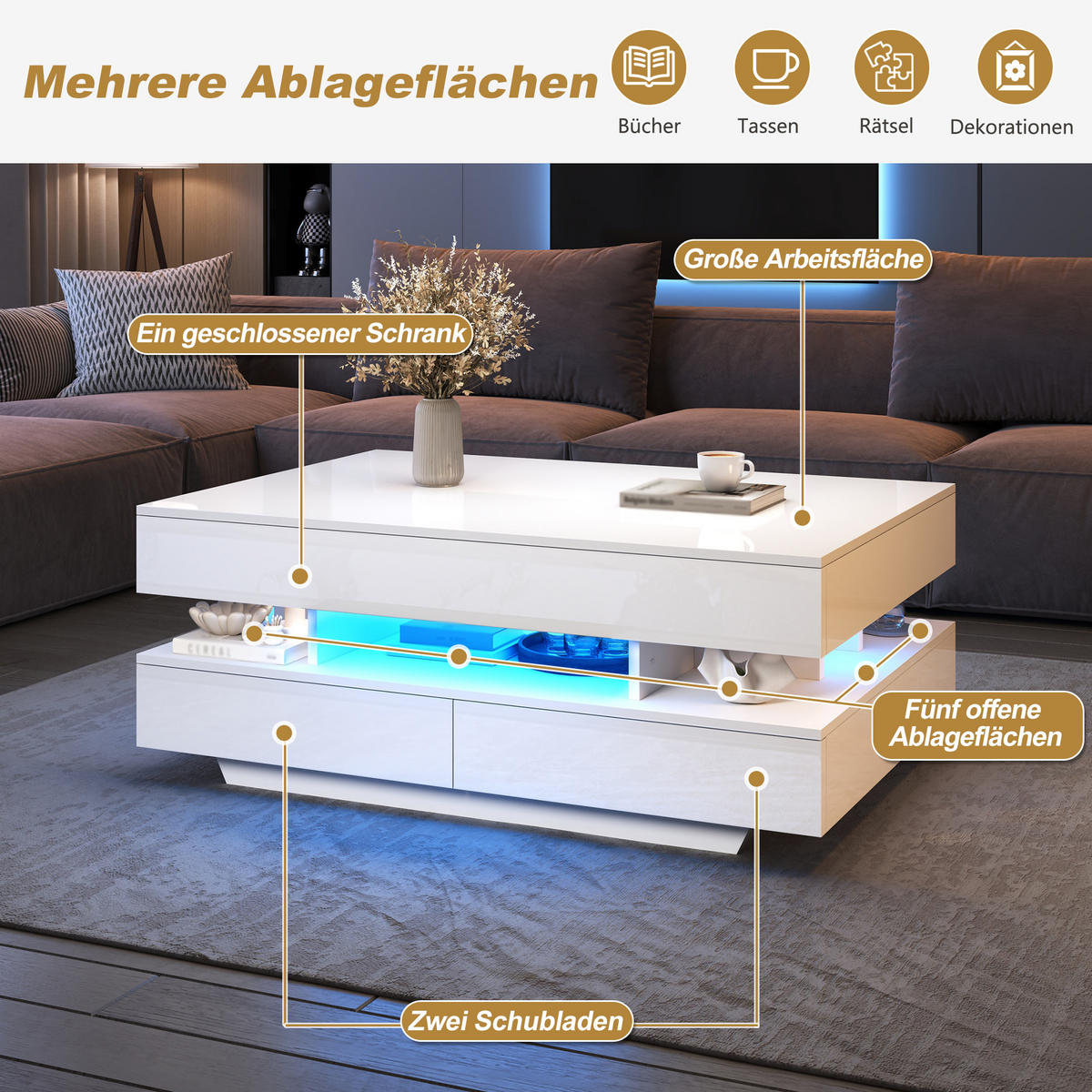 COUCHTISCH in Weiß Höhenverstellbarer Wohnzimmertisch mit LED & Stauraum, Lift-Top bis 58,5cm, 100/50/45cm - Weiß, Holzwerkstoff/Metall (50/100/45cm) - STILVORA