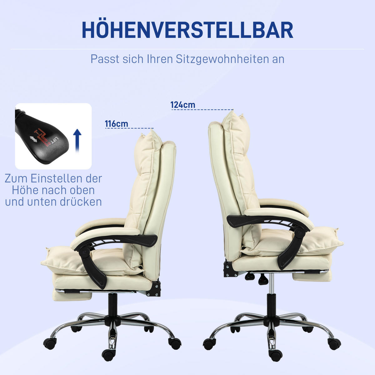 BÜROSTUHL höhenverstellbarer Schreibtischstuhl mit Liegefunktion, Fußstütze - Beige, Kunststoff (72/130/66cm) - Vinsetto