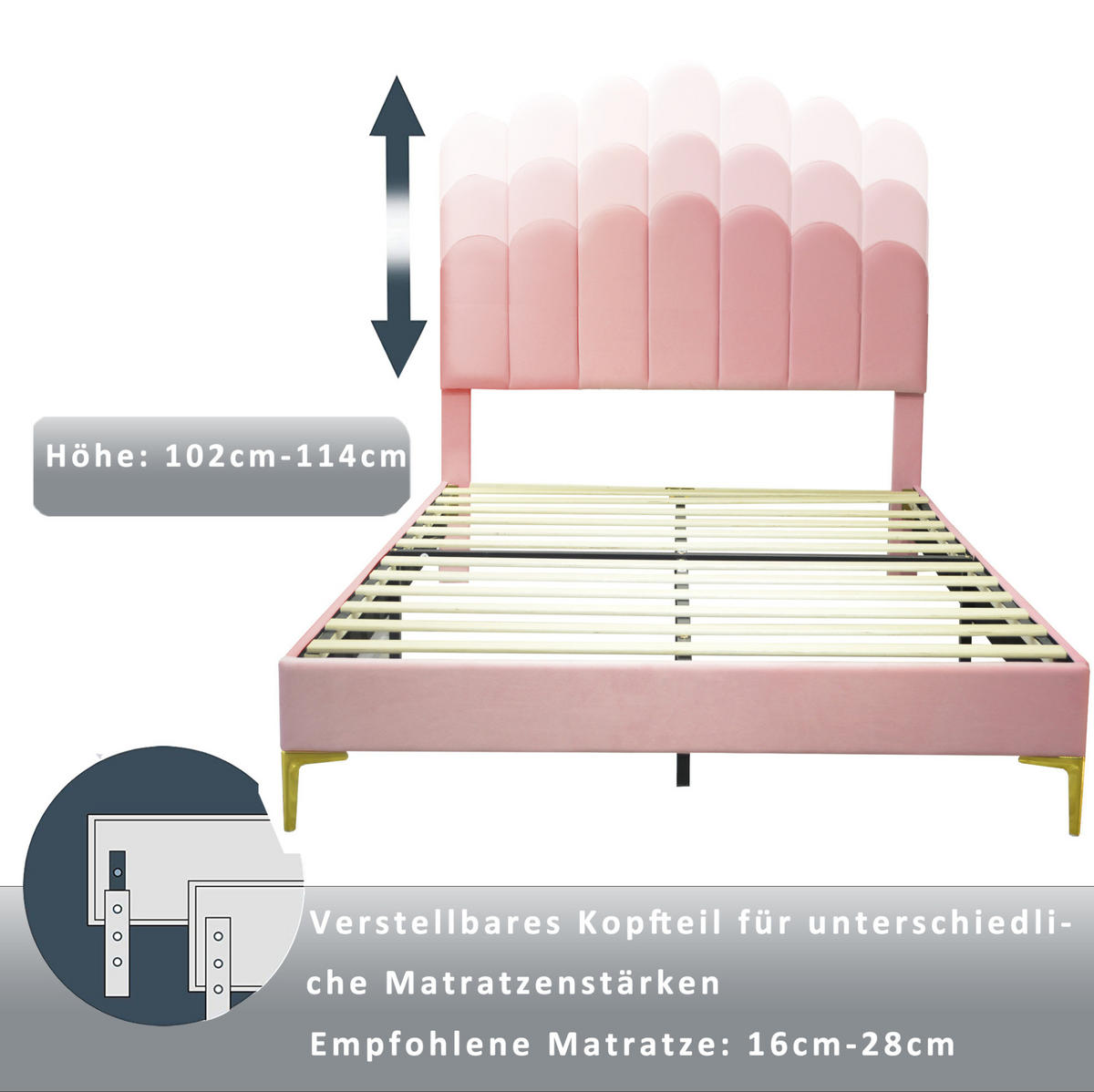 POLSTERBETT 140/200 cm Rosa mit verstellbarem Kopfteil ohne Matratze - Pink, Textil (140/200cm) - MIVRAY