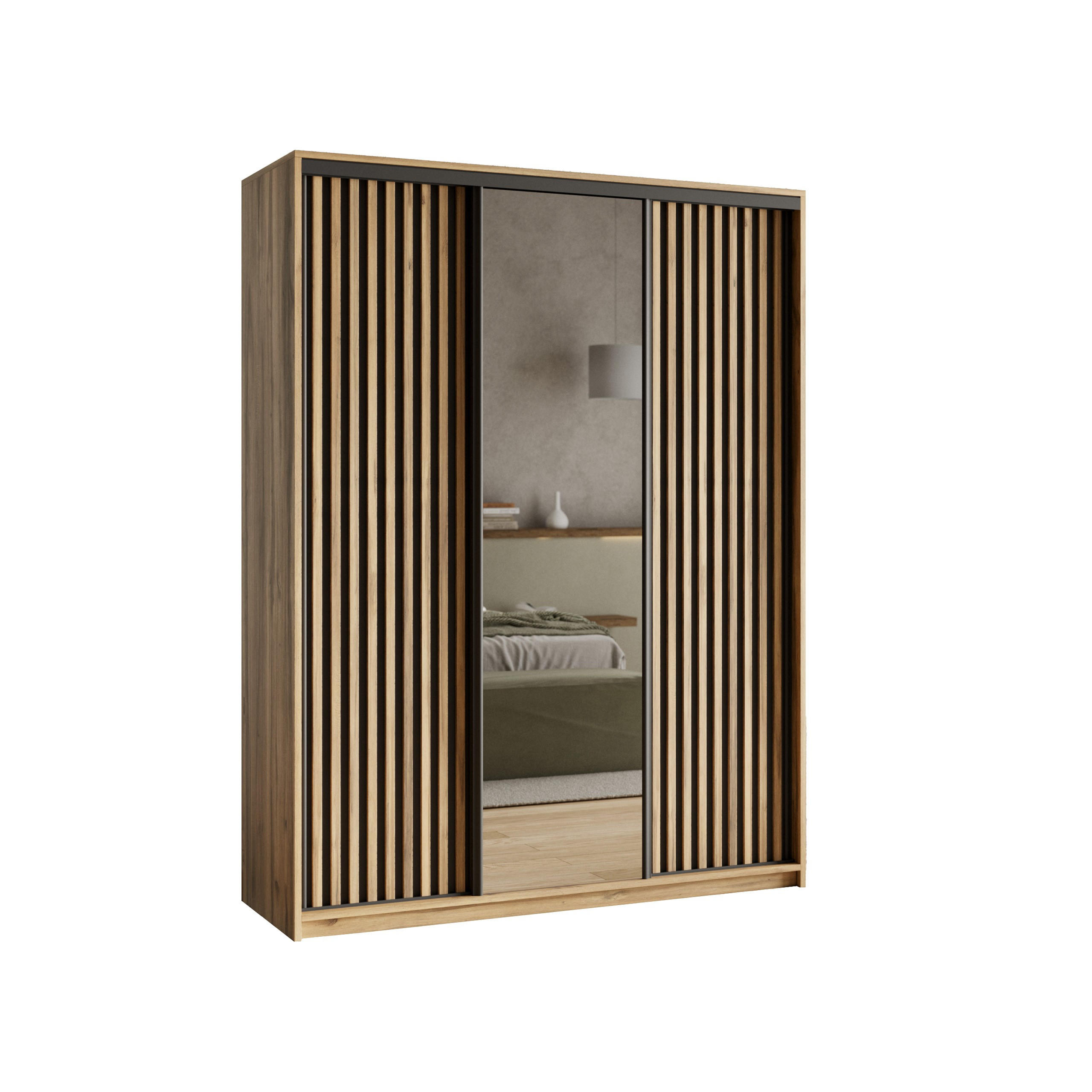 SCHWEBETÜRENSCHRANK ORRA 150/205/60 cm 3-türig mit Spiegel und Lamellen Eiche Wotan - Eiche Wotan/Schwarz, Holzwerkstoff (150/205/60cm) - MASSENO