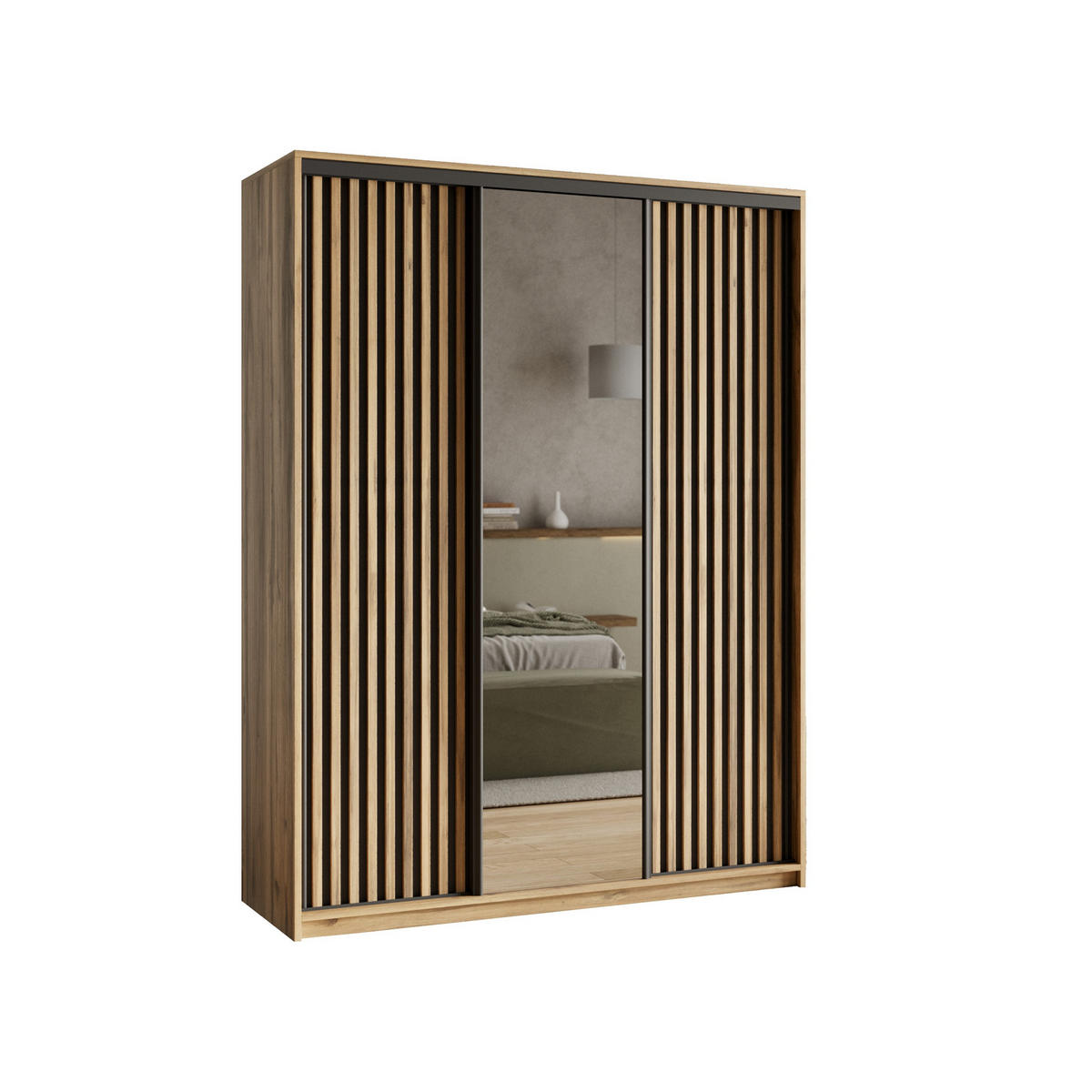 SCHWEBETÜRENSCHRANK ORRA 150/205/60 cm 3-türig mit Spiegel und Lamellen Eiche Wotan - Eiche Wotan/Schwarz, Holzwerkstoff (150/205/60cm) - MASSENO