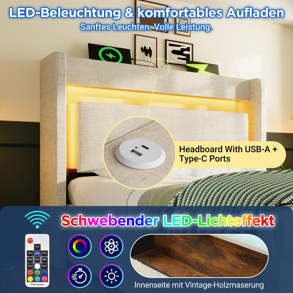 POLSTERBETT 90/200 cm mit LED, USB- und USB-C-Anschluss, hydraulischem Stauraum und Schublade, Beige - Beige, Textil (90/200cm) - Redom
