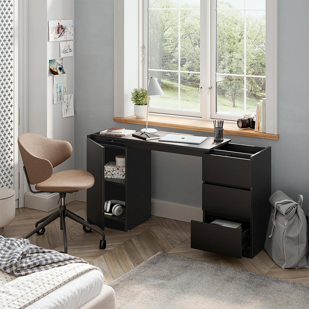 KOMMODE MIT SCHREIBTISCHFUNKTION Varino, Schwarz, 80 x 75.5 cm ausziehbar - Schwarz, Holzwerkstoff (80/75.5/40cm) - Vicco