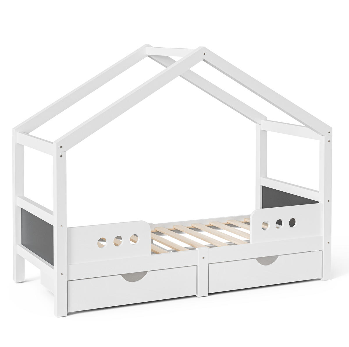 KINDERBETT aus Holz und MDF 90x200 cm Weiß mit Dachdesign, Tafel und 2 Schubladen - Weiß, Holz (90/200cm) - Modfu