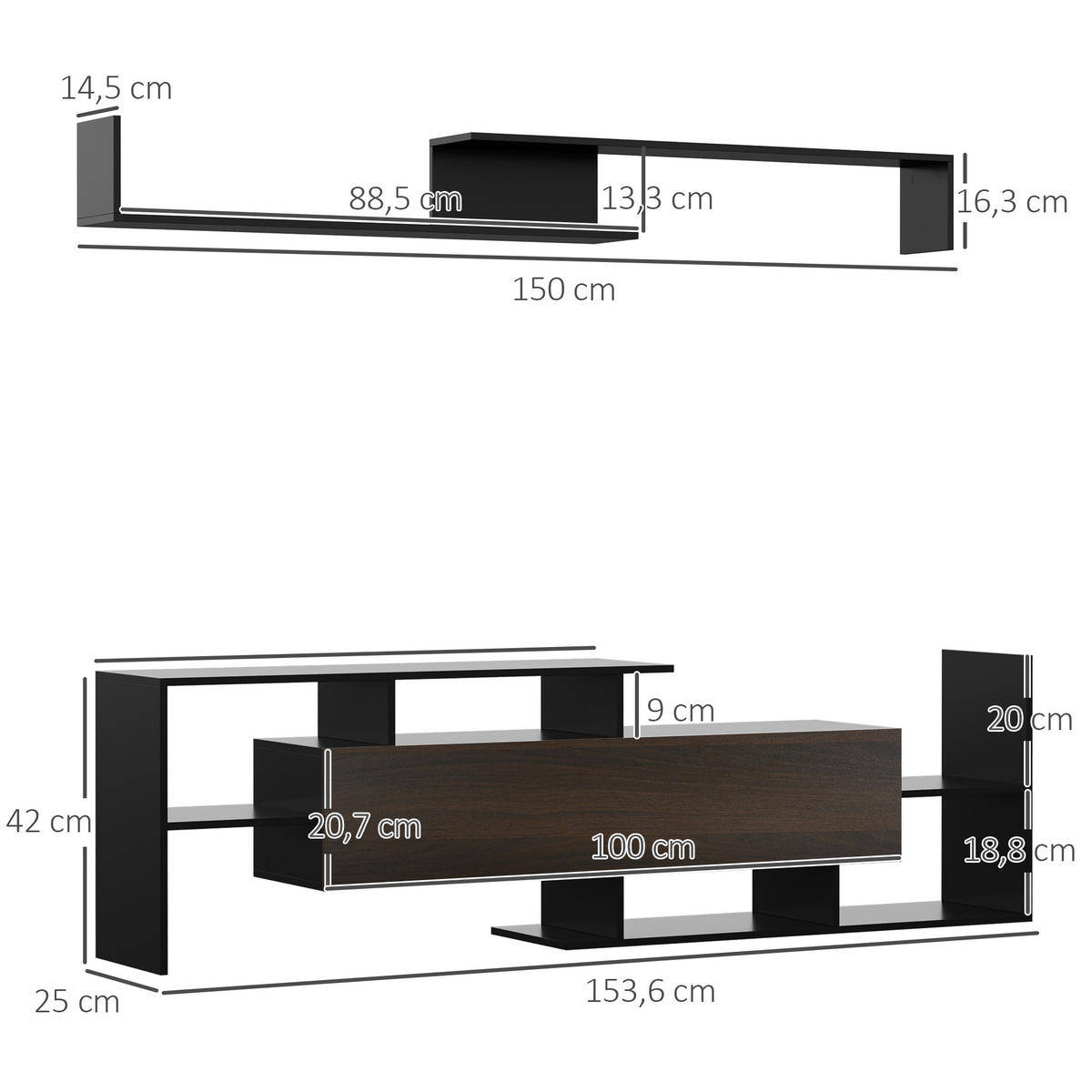 TV-MÖBEL Schwarz 1 Stück - Schwarz, Holzwerkstoff (153.6/42/25cm) - GiPP