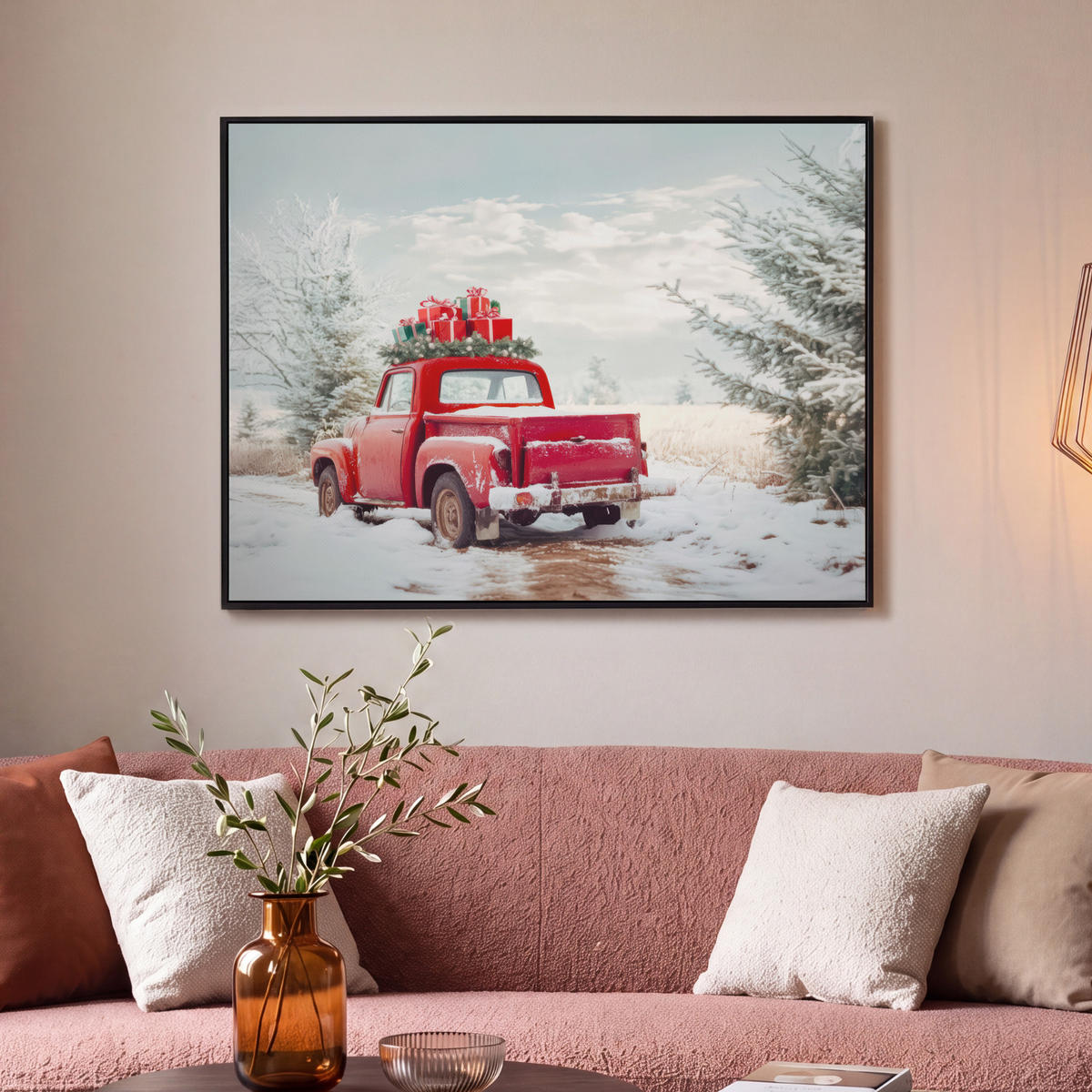 LEINWAND Bilder mit Rahmen - Auto - Rot - Geschenke - Winter - Schnee - Weihnachten - 100x70 - Rot, Textil (100/70cm) - MuchoWow