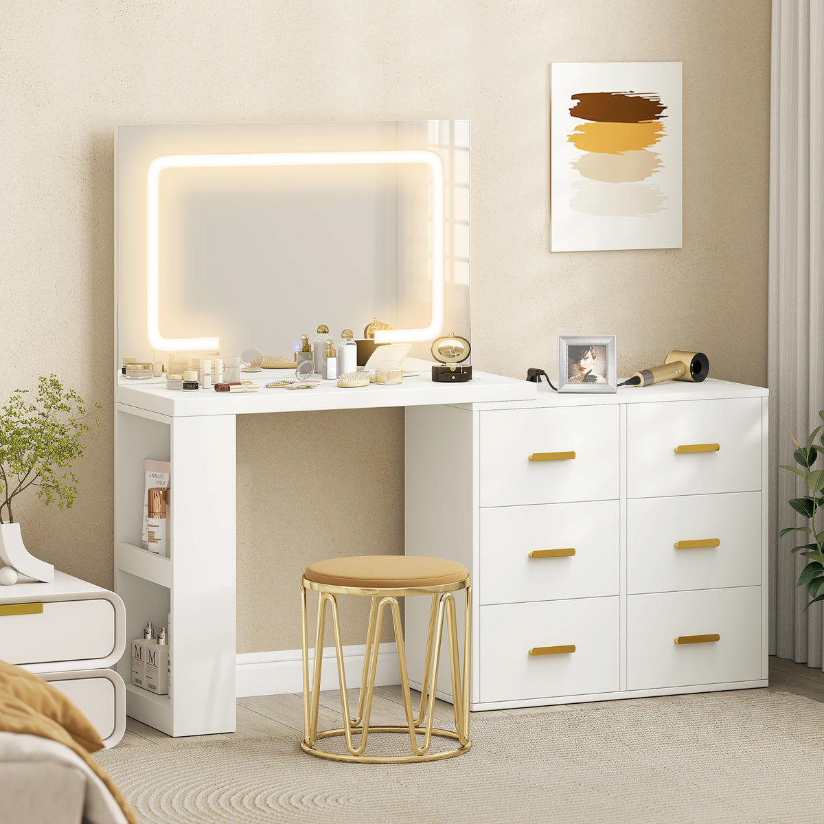 SCHMINKTISCH mit LED-Leuchte 3 Lichtfarben Spiegel Steckdose Weiß - Weiß, Holzwerkstoff (78/135/118cm) - HOMCOM