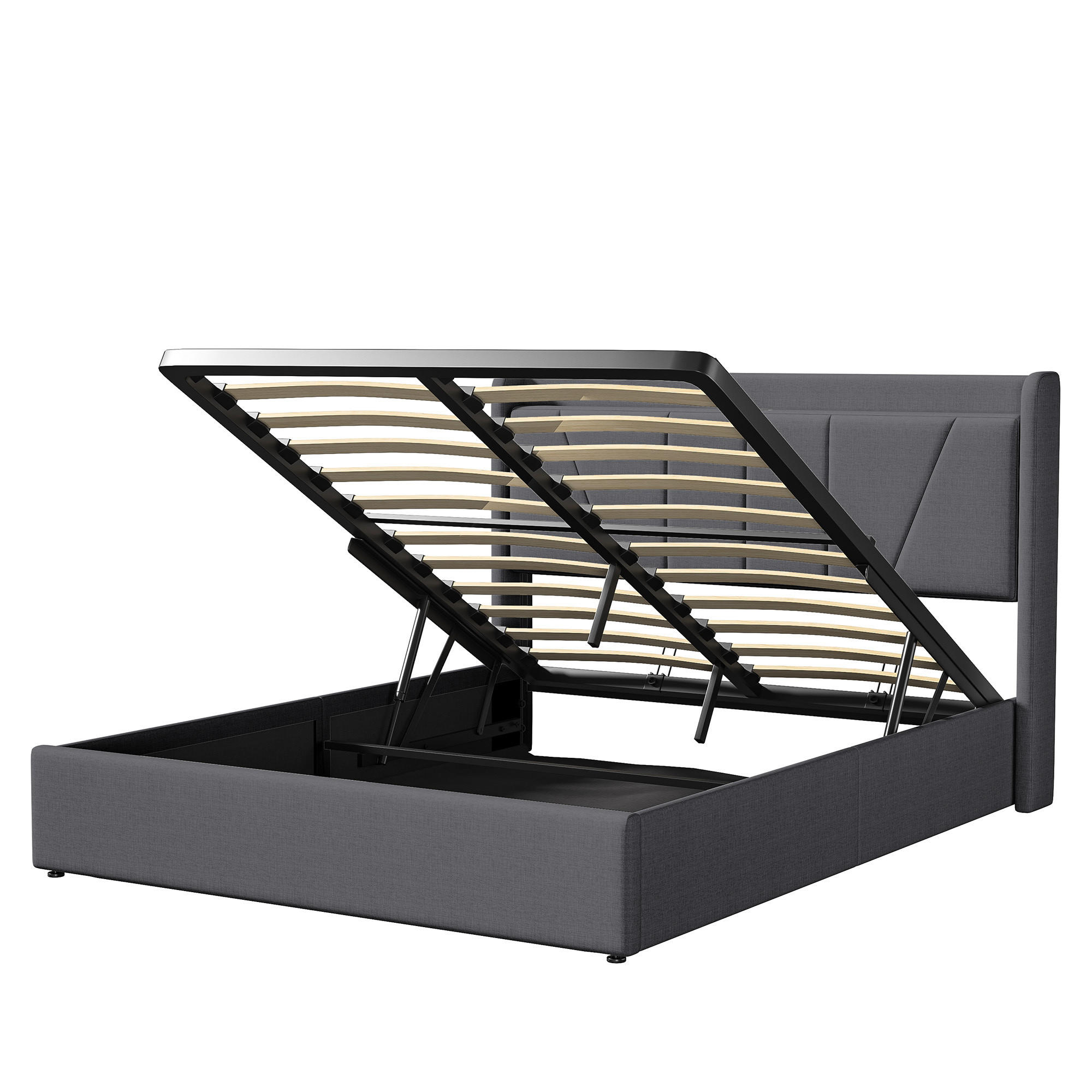 POLSTERBETT 160x200 cm mit hydraulischem Stauraum, 2 USB & 1 Typ-C Anschluss, Leinenstoff in Grau - Grau, Holz (160/200cm) - BRILVERDE