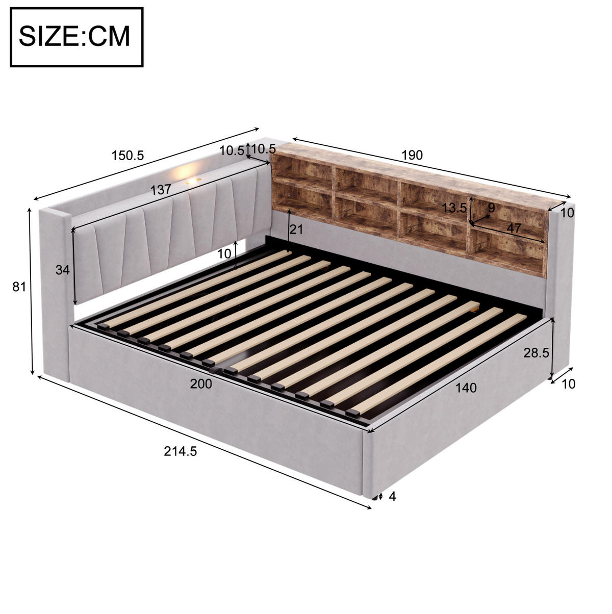 POLSTERBETT Schlafsofa aus Samt 140x200 cm Hellgrau mit hydraulischem Stauraum, Nachtlicht und USB-/Typ-C-Anschlüssen - Hellgrau, Textil (140/200cm) - Modfu