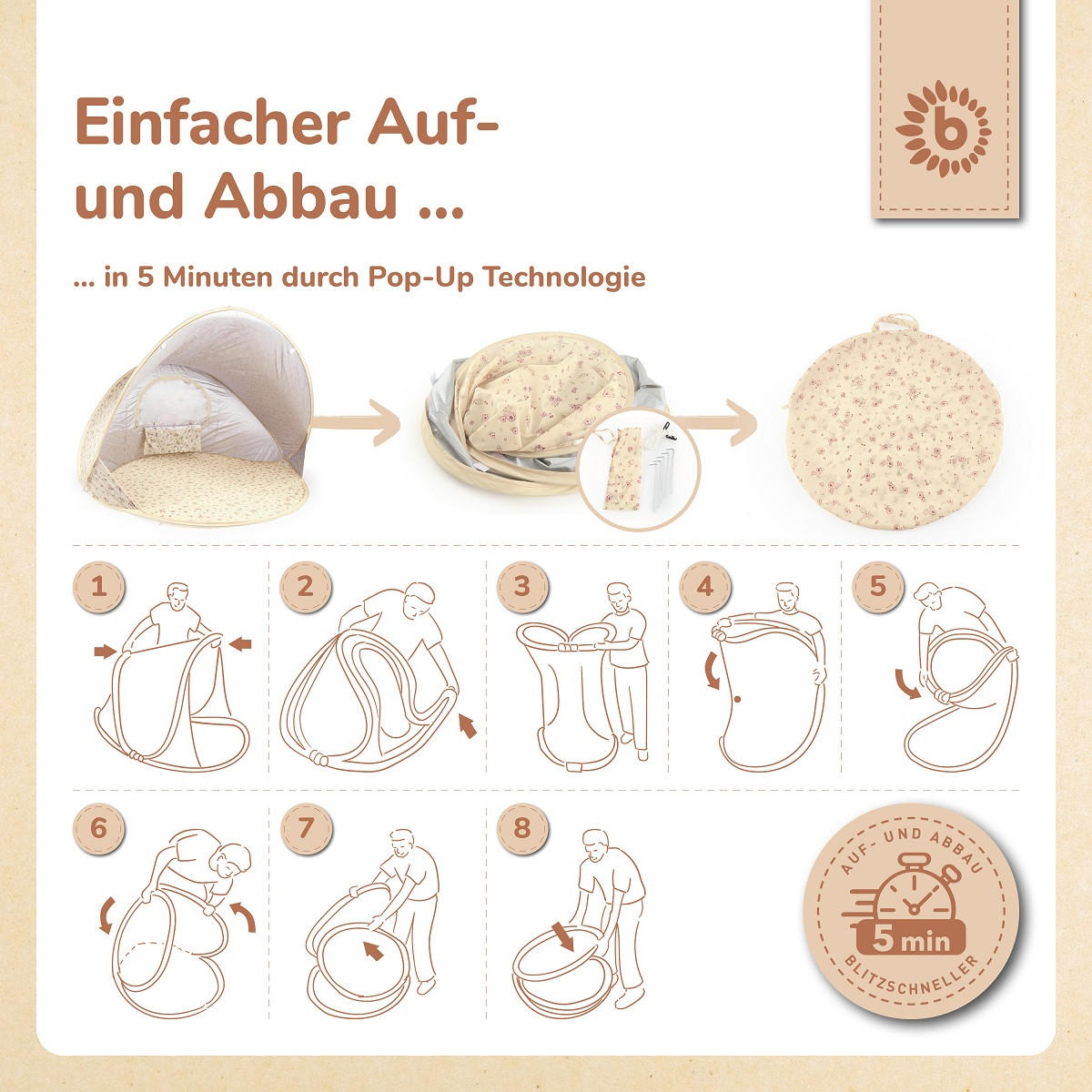 STRANDMUSCHEL Pop-up, UV-Schutz 40+ - Creme, Textil (105/146cm) - Bieco Spielwaren