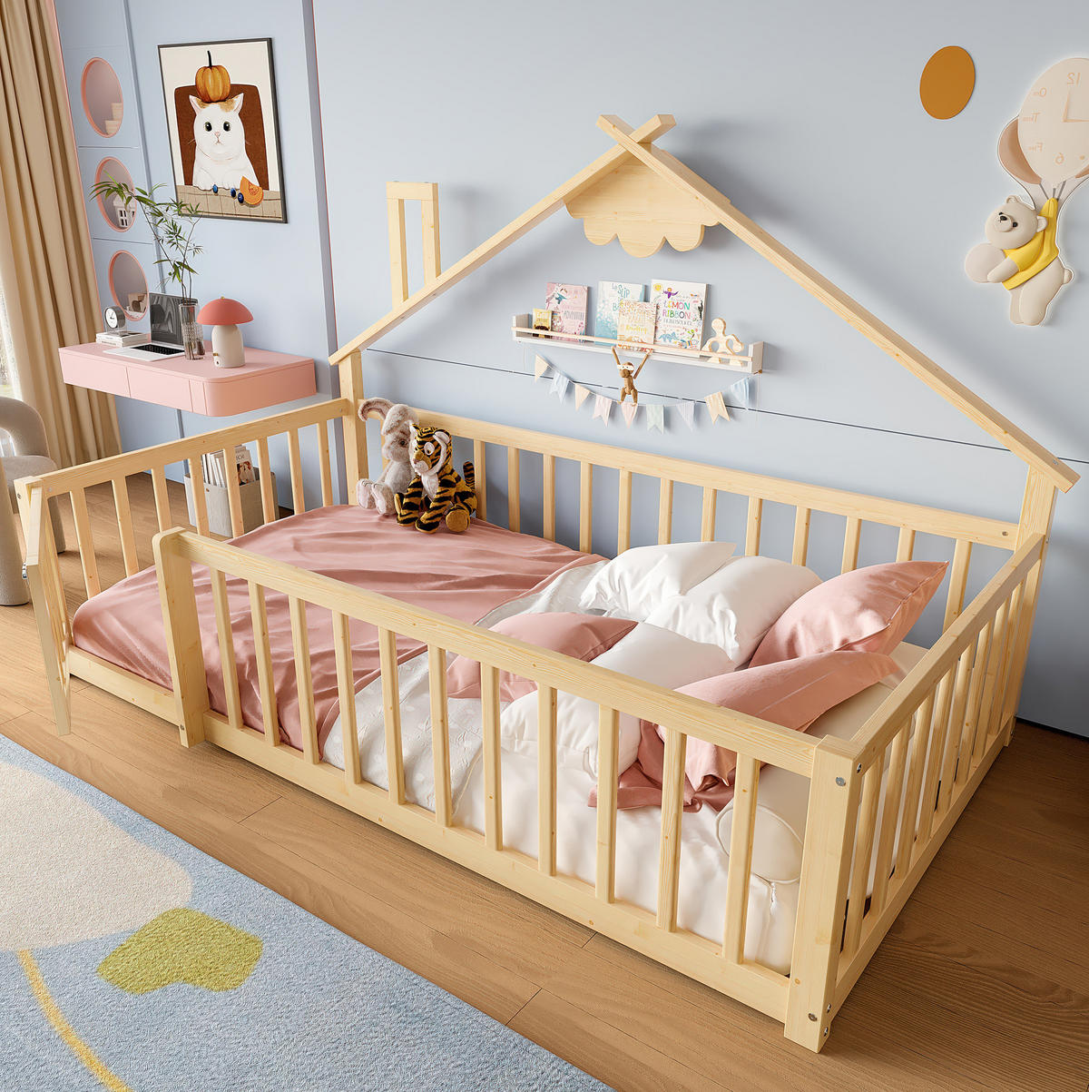 KINDERBETT 90/190 cm Natur mit Haus-Design und Geländer - Naturfarben, Holz (90/190cm) - MIVRAY