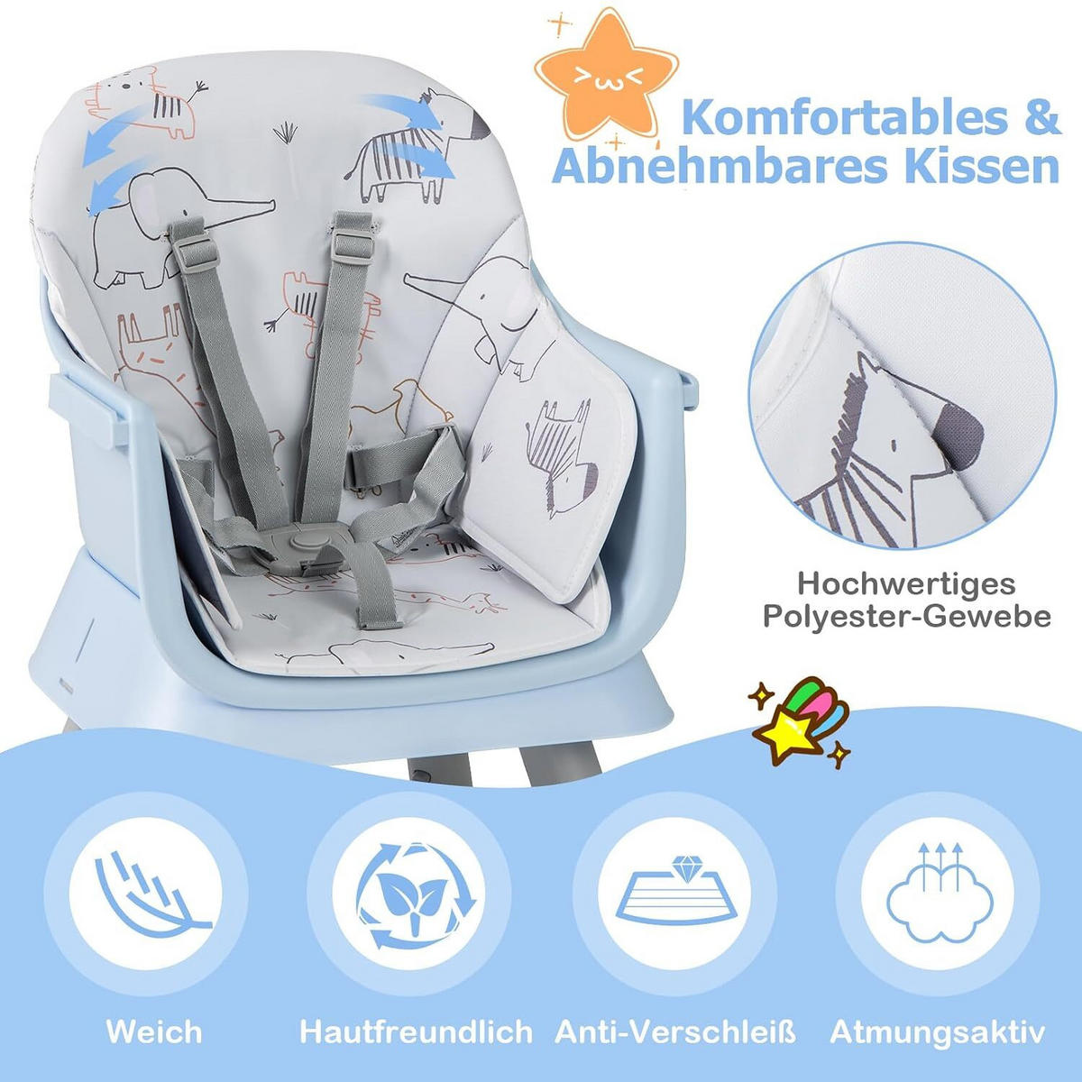 KINDERHOCHSTUHL mit Sicherheitsgurt & abnehmbarem Trichter blau - Blau, Kunststoff (58/98/58cm) - COSTWAY