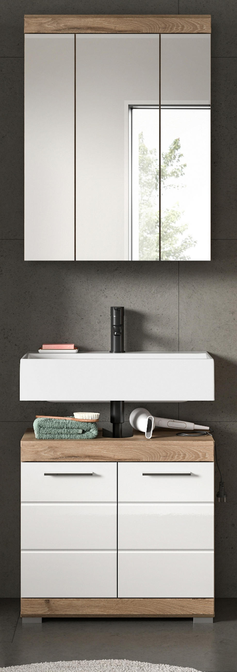 BADMÖBEL-SET weiß Hochglanz, Eiche 2-teilig 60 cm mit viel Stauraum - Weiß Hochglanz/Eichefarben, Glas/Holzwerkstoff (60/191/34cm) - Inn.Furn