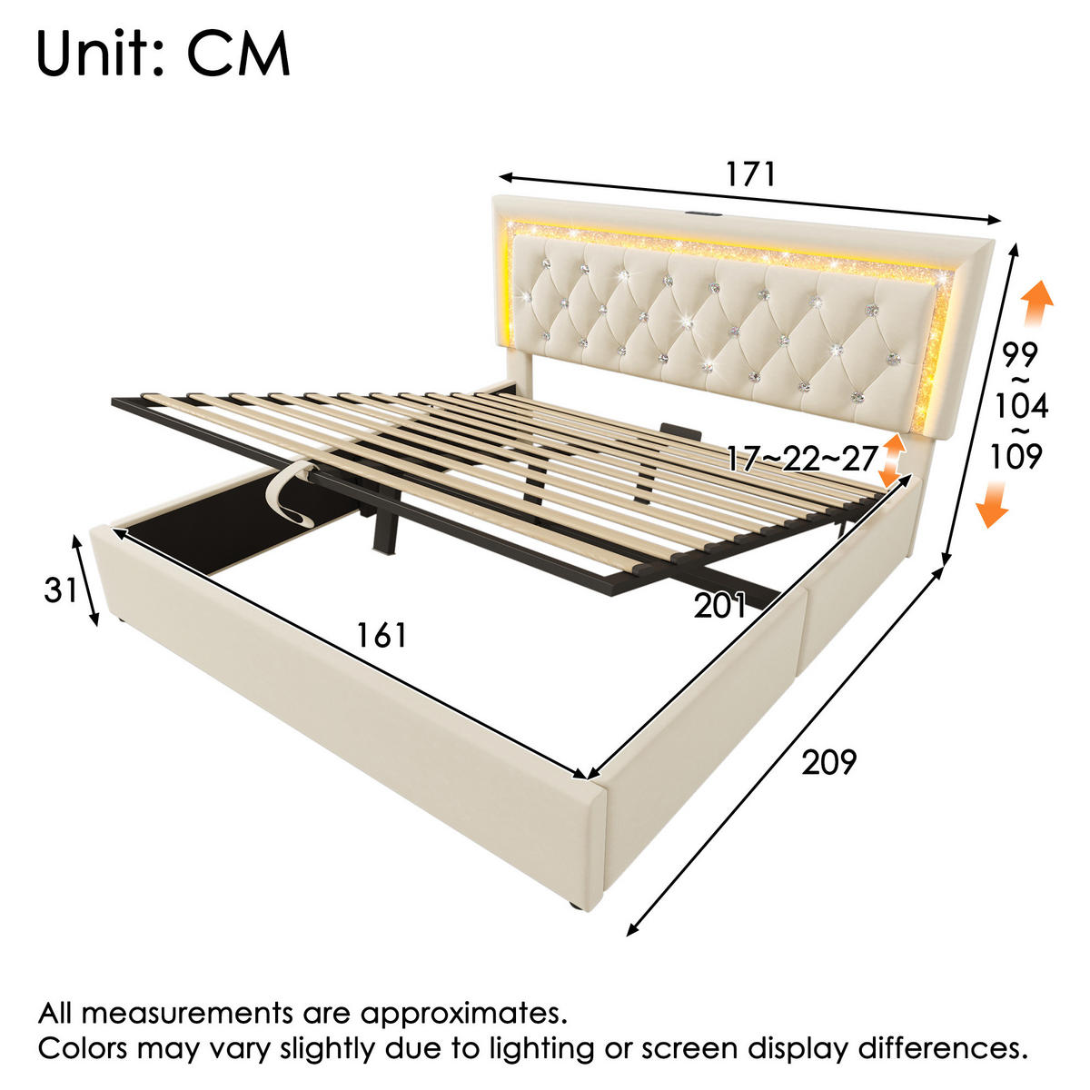 POLSTERBETT mit Bettkasten 160x200 cm Samt Beige mit LED und USB-C - Beige, Metall (160/200cm) - Meubliv