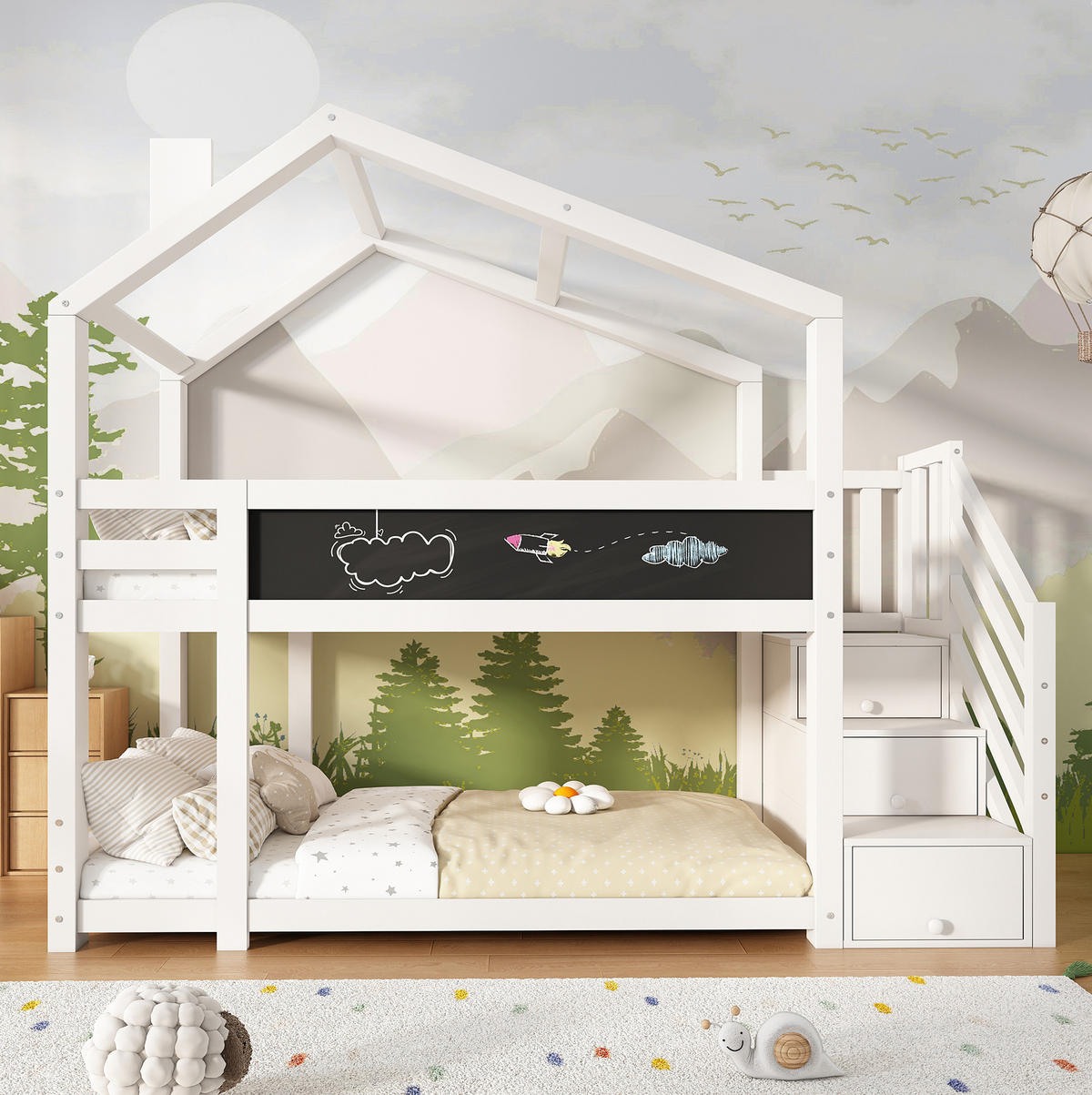 POSCHODOVÁ posteľ 90/200 cm biela s tabuľou a úložnými schodmi z masívneho dreva a MDF - biela, kompozitné drevo (90/200cm) - OKWISH
